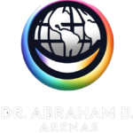 Logo del Dr. Abraham B. Arenas con un diseño de globo terráqueo en tonos grises rodeado por un círculo degradado multicolor sobre un fondo oscuro.