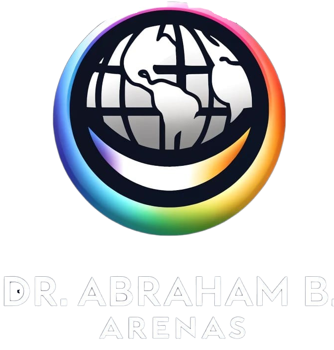 Logo del Dr. Abraham B. Arenas con un diseño de globo terráqueo en tonos grises rodeado por un círculo degradado multicolor sobre un fondo oscuro.