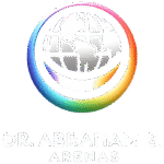 Logo del Dr. Abraham B. Arenas con un diseño de globo terráqueo en tonos grises rodeado por un círculo degradado multicolor sobre un fondo oscuro.