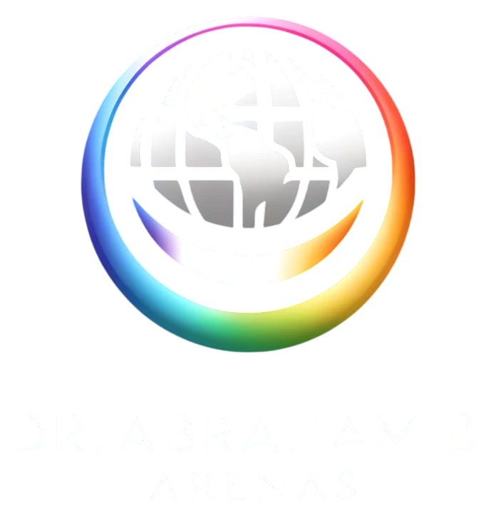 Logo del Dr. Abraham B. Arenas con un diseño de globo terráqueo en tonos grises rodeado por un círculo degradado multicolor sobre un fondo oscuro.